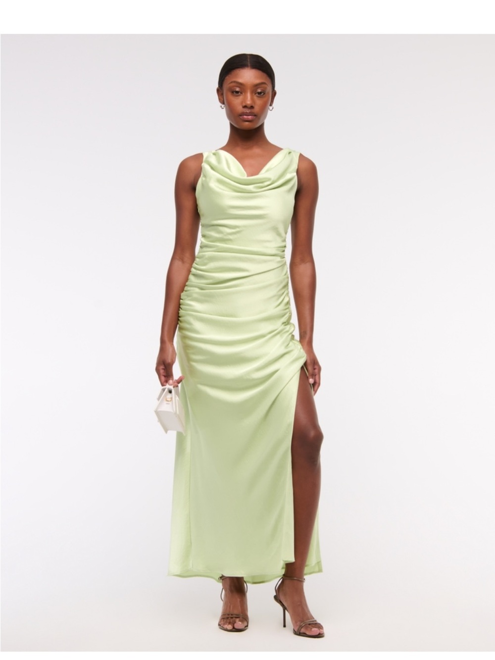 Abercrombie & Fitch Light Green Satin Cowl Ruched Maxi Dress